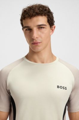 Slim-fit T-shirt in mesh jersey with contrast inserts, Natural