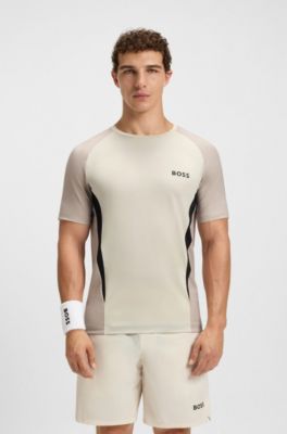 Slim-fit T-shirt in mesh jersey with contrast inserts, Natural