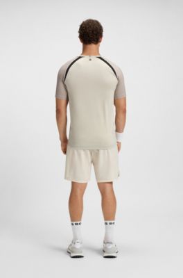 Slim-fit T-shirt in mesh jersey with contrast inserts, Natural
