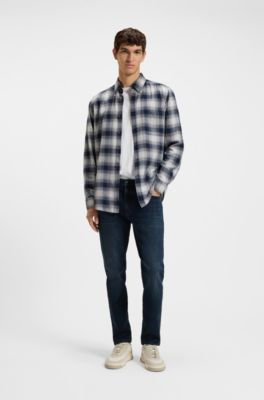 Tapered-fit jeans in dark-blue soft-motion denim, Dark Blue