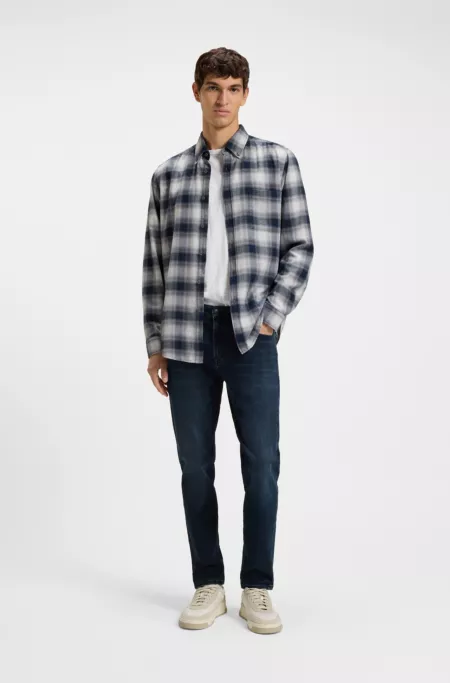 Tapered-fit jeans in dark-blue soft-motion denim