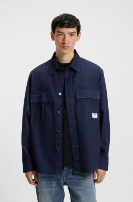Oversized-fit shirt in denim-look structured ripstop fabric, Dark Blue