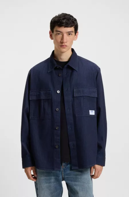 Oversized-fit shirt in denim-look structured ripstop fabric