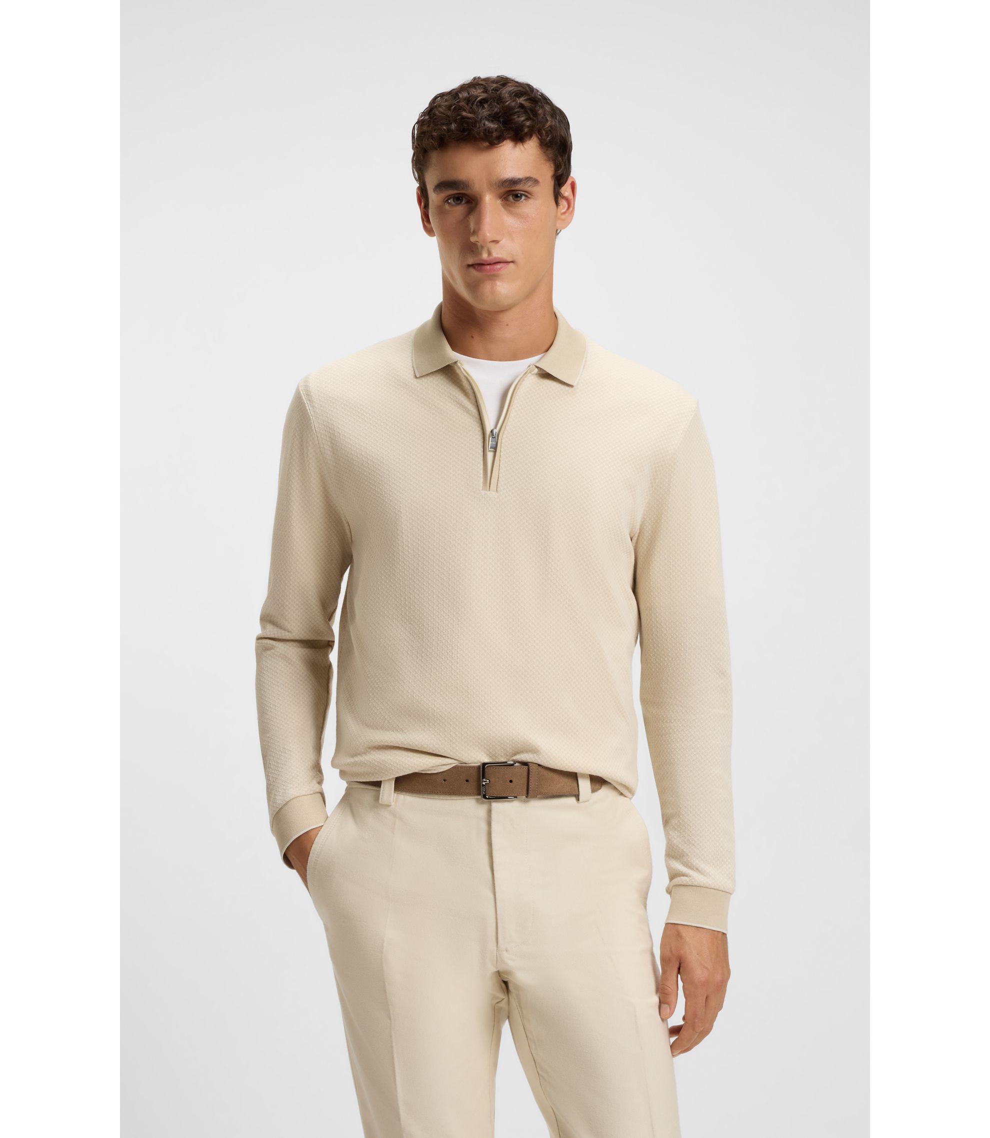 Langärmeliges Poloshirt aus merzerisierter Baumwolle mit zweifarbiger Struktur