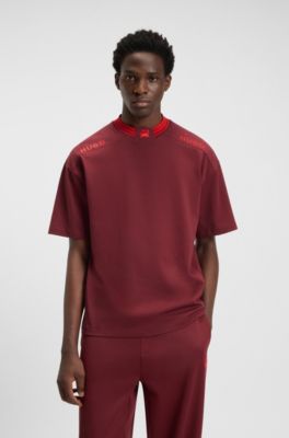 HUGO x RB cotton T-shirt with tipping and logos, Dark Red