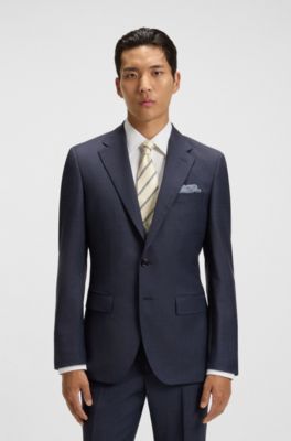 Two-piece slim-fit suit in patterned virgin wool, Dark Blue
