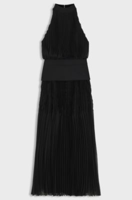 Long-length pliss&eacute; dress with plain insert, Black