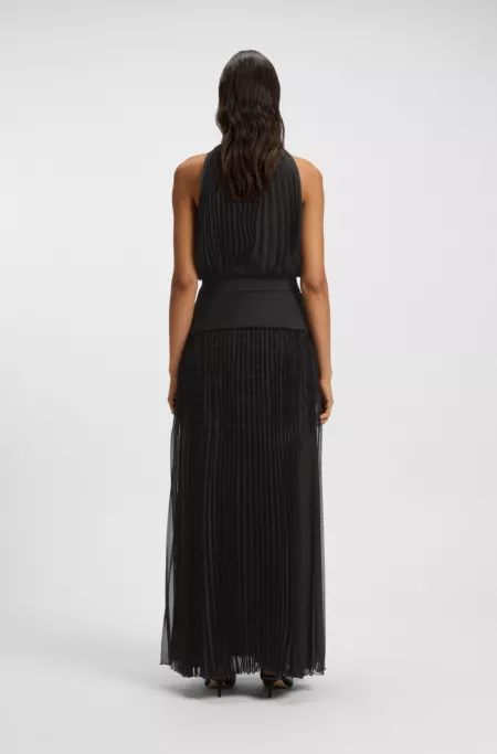 Long-length plissé dress with plain insert