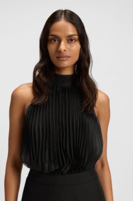 Vestito lungo pliss&eacute; con inserto in tinta unita, Nero