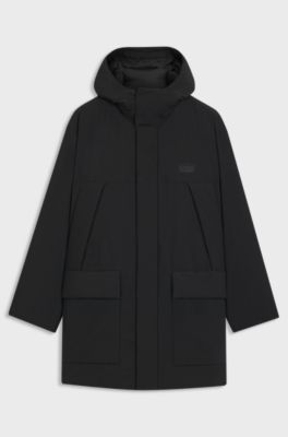 Water-repellent hooded puffer coat with split logo, Black