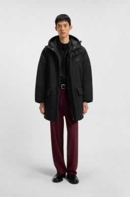 Water-repellent hooded puffer coat with split logo, Black