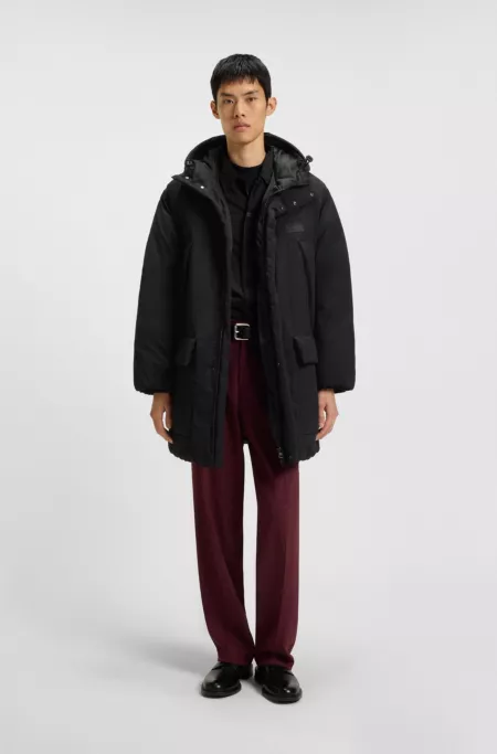 Water-repellent hooded puffer coat with split logo
