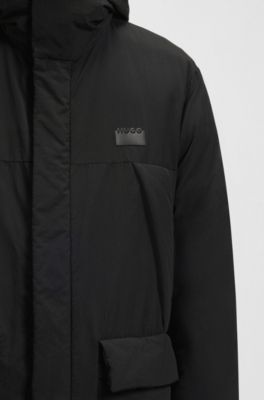 Wasserabweisender Steppmantel mit Kapuze und Split-Logo, Schwarz