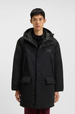 Water-repellent hooded puffer coat with split logo, Black