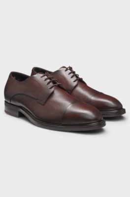 Cap-toe Derby shoes in grained leather, Dark Brown