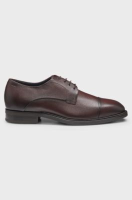 Cap-toe Derby shoes in grained leather, Dark Brown