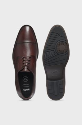 Cap-toe Derby shoes in grained leather, Dark Brown