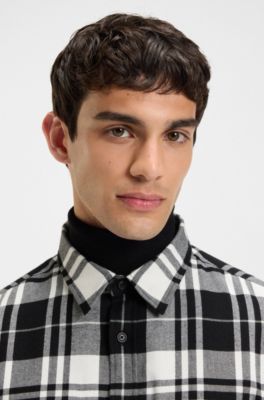 Chemise Relaxed en flanelle de coton &agrave; carreaux, Noir &agrave; motif