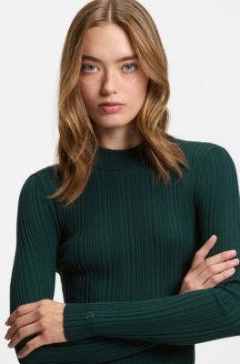 Pullover mit Stehkragen und Rippstruktur, Dunkelgr&uuml;n