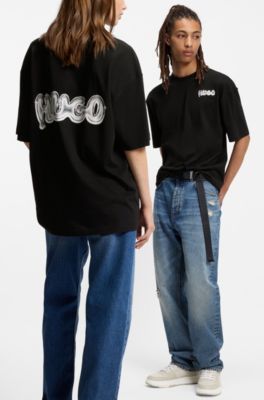 All-gender cotton-jersey T-shirt with logo prints, Black