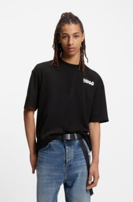 All-gender cotton-jersey T-shirt with logo prints, Black
