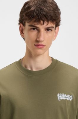All-gender cotton-jersey T-shirt with logo prints, Olive