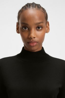 Mock-neck sweater in extra-fine virgin wool, Black