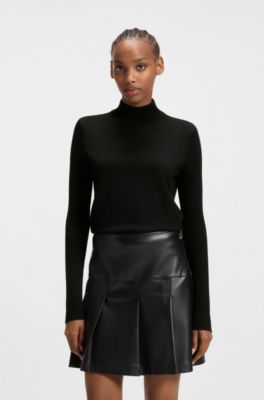 Mock-neck sweater in merino wool, Black