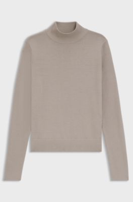 Mock-neck sweater in merino wool, Light Brown