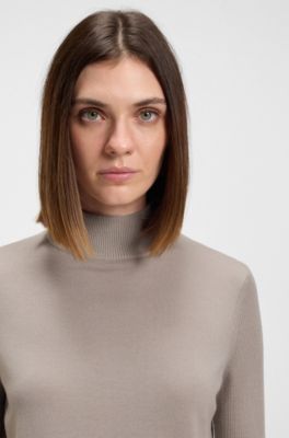 Mock-neck sweater in merino wool, Light Brown