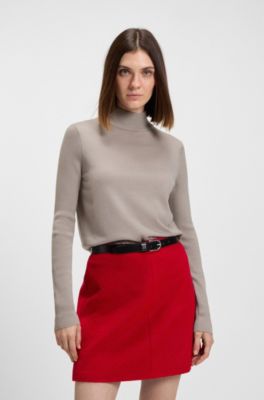 Mock-neck sweater in extra-fine virgin wool, Light Brown