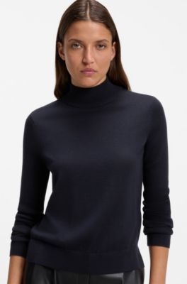 Jersey de lana virgen extrafina con cuello ingl&eacute;s, Azul oscuro