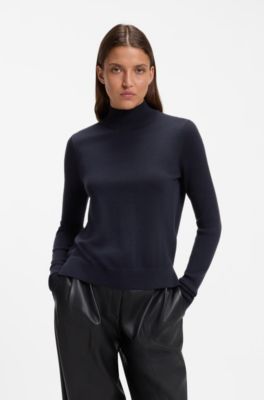 Jersey de lana virgen extrafina con cuello ingl&eacute;s, Azul oscuro
