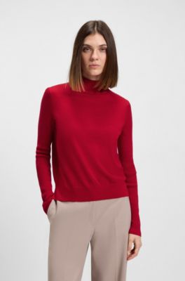 Mock-neck sweater in merino wool, Red