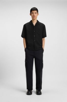 Camisa de ajuste grande em sarja de mistura de l&atilde;, Black