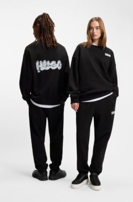 All-gender cotton-terry sweatshirt with logo prints, Black