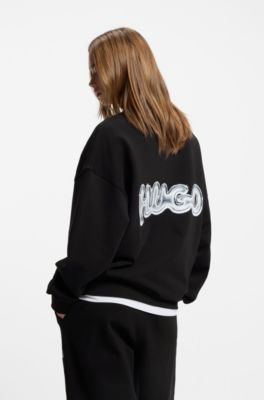 Sudadera unisex de felpa de algod&oacute;n con logos estampados, Negro