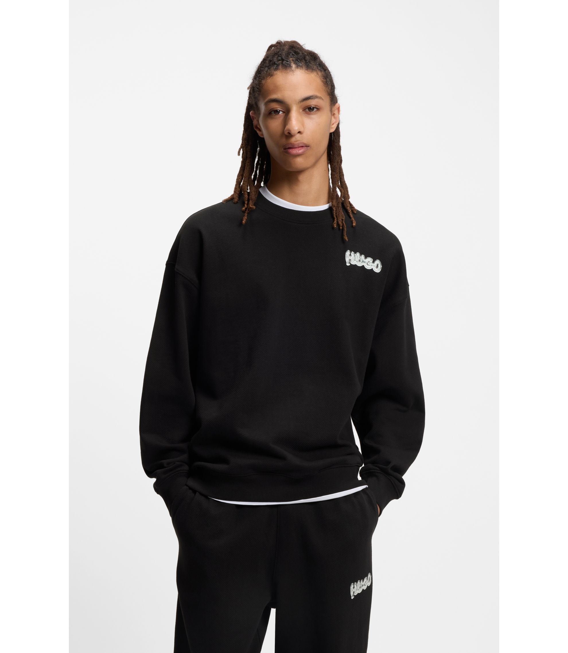 HUGO - All-gender cotton-terry sweatshirt with logo prints - Black