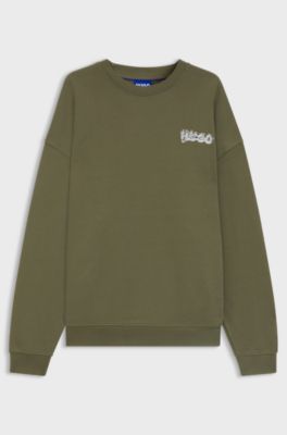 All-gender cotton-terry sweatshirt with logo prints, Olive