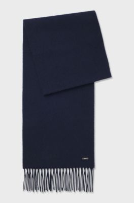 Cashmere scarf with metal logo plate, Dark Blue