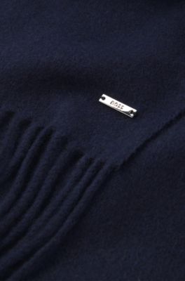 Cashmere scarf with metal logo plate, Dark Blue