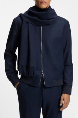 Cashmere scarf with metal logo plate, Dark Blue
