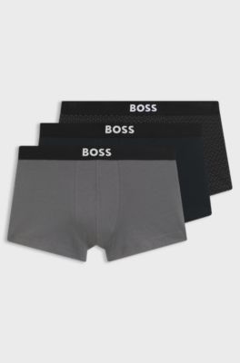 BOSS ONE three-pack of trunks in stretch cotton, Blue / Grey