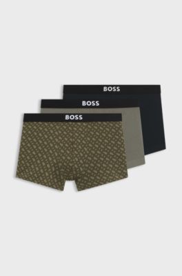 BOSS ONE three-pack of trunks in stretch cotton, Black / Green
