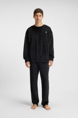 Ribbed-velvet tracksuit bottoms with stacked logo label, Black