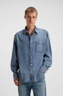 Oversize fit-skjorta i bl&aring; denim, Bl&aring;
