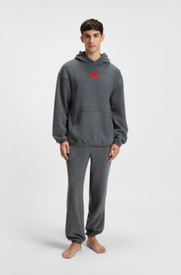 Terry-fleece hoodie with red logo label, Dark Grey