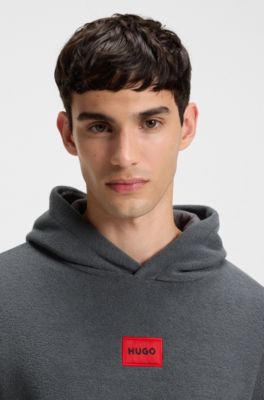 Terry-fleece hoodie with red logo label, Dark Grey