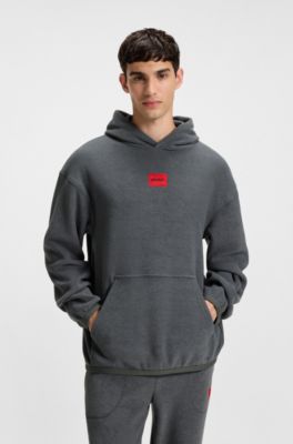 Terry-fleece hoodie with red logo label, Dark Grey