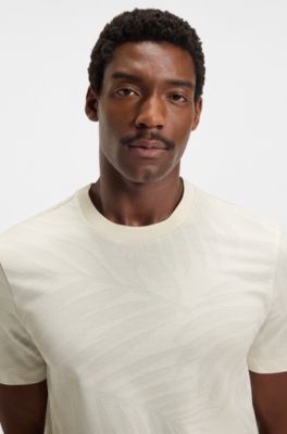 Mercerised-cotton T-shirt with leaf jacquard, Natural